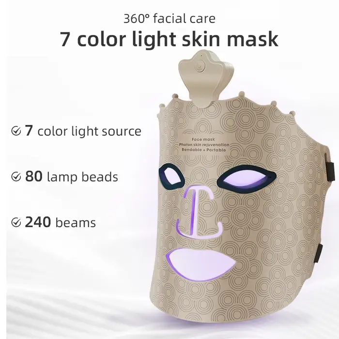Masque Facial Led luminothérapie 7 couleurs masque en Silicone visage complet 240 perles de lampe sans fil thérapie par la lumière rouge masque Photon