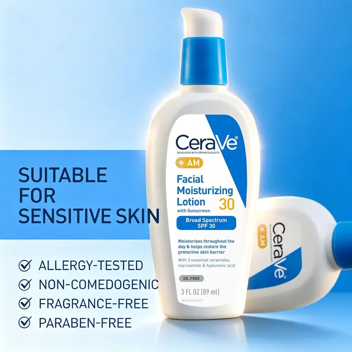 Lotion hydratante pour le visage CeraVe AM avec SPF 30, écran solaire à large spectre, acide hyaluronique, niacinamide, céramides, 3 fl oz