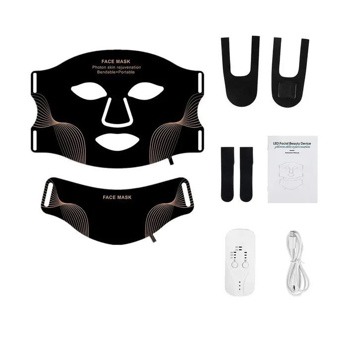 Masque facial LED en silicone avec cou, 7 couleurs, photon rouge, lumière infrarouge, thérapie, flex